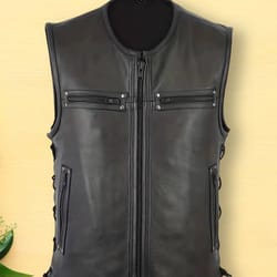 men's genuine leather biker vest with multi pocket design and zipper sleeveless jacket