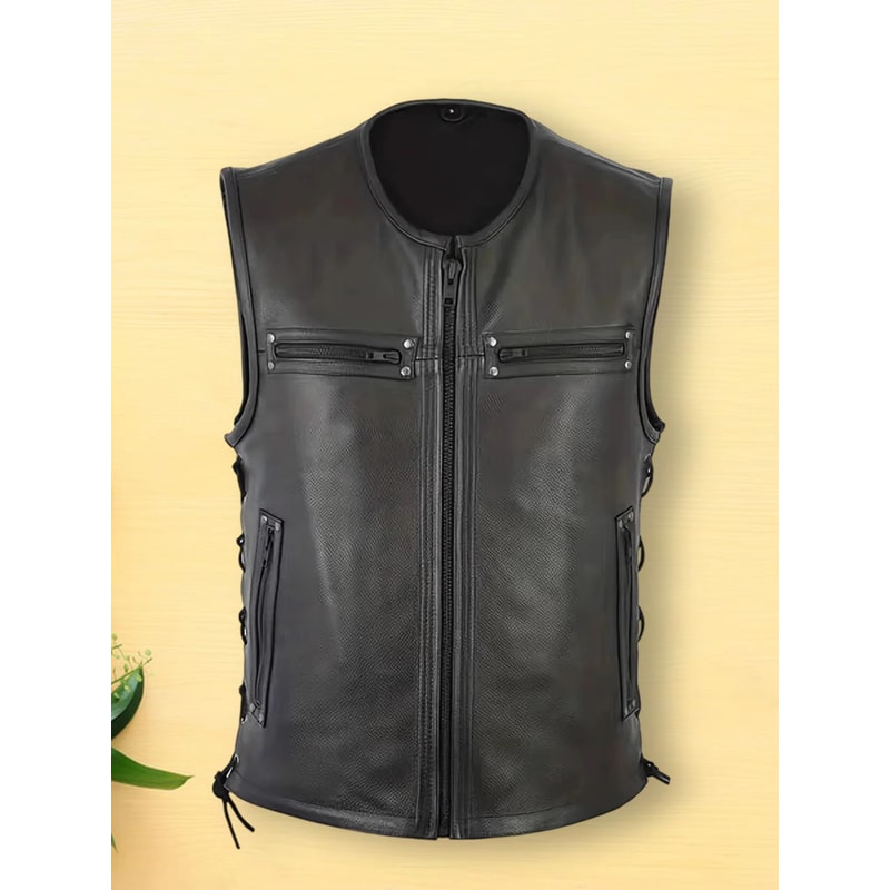 Mens Genuine Leather Biker Vest With Multi Pocket Design And Zipper Sleeveless Jacket 0