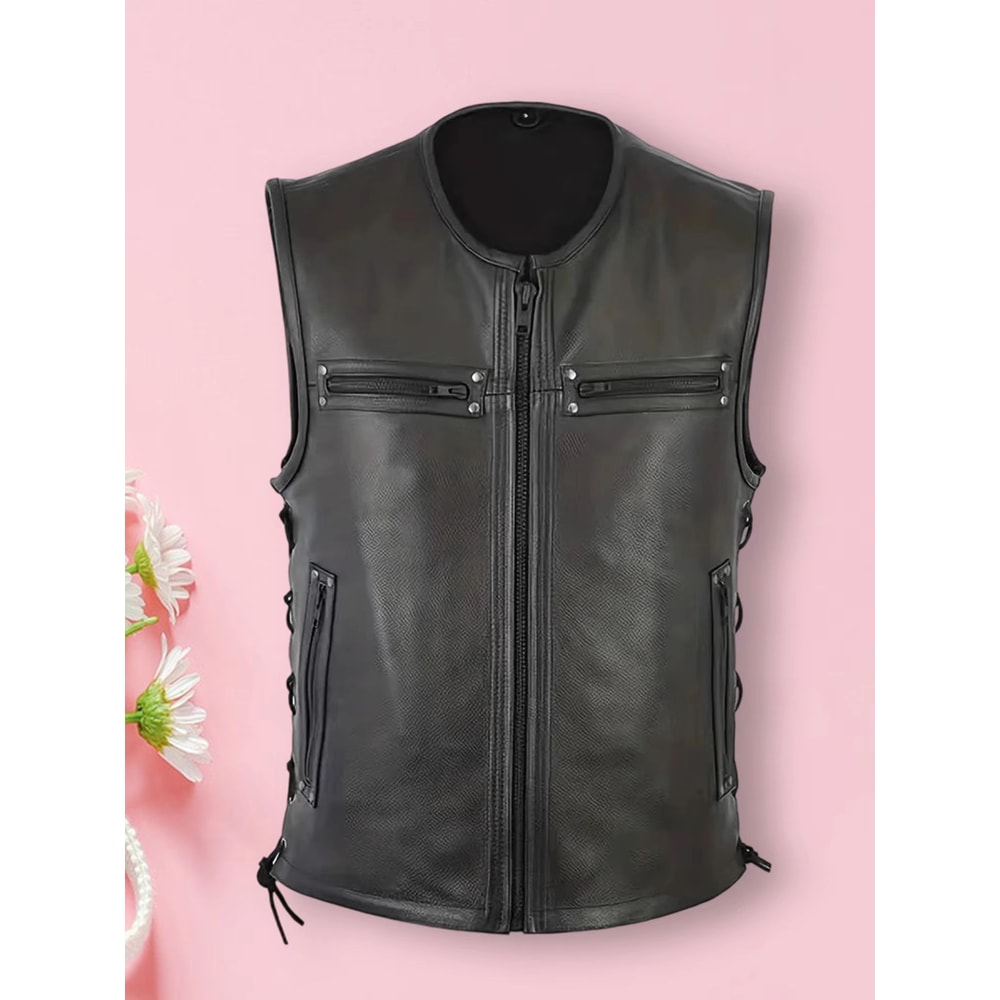 Mens Genuine Leather Biker Vest With Multi Pocket Design And Zipper Sleeveless Jacket 2