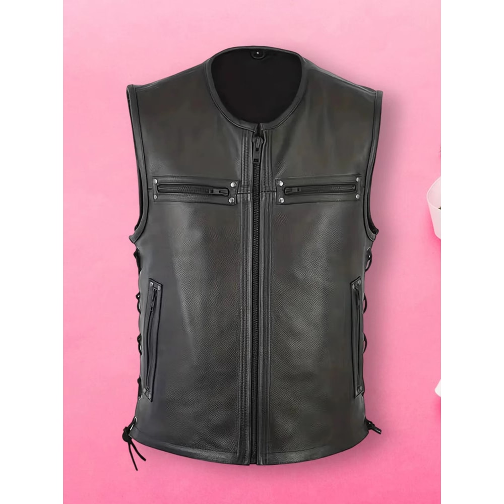 Mens Genuine Leather Biker Vest With Multi Pocket Design And Zipper Sleeveless Jacket 3