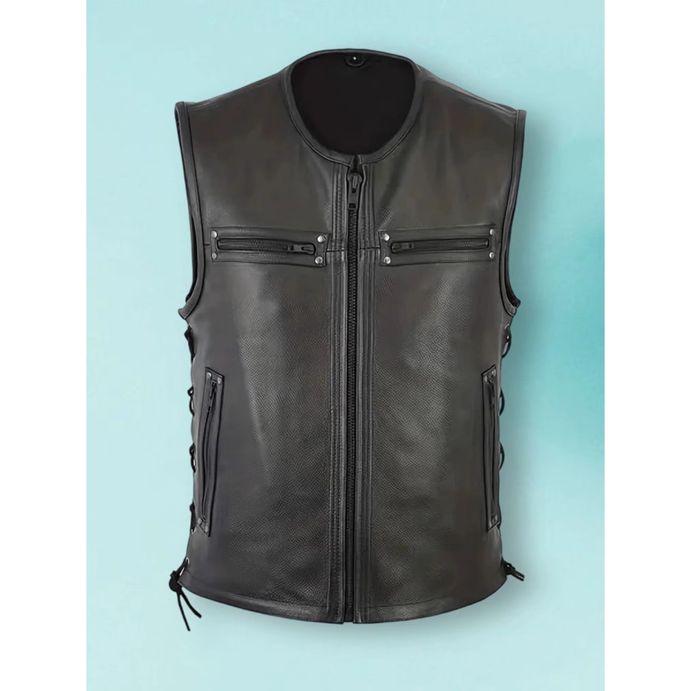 Mens Genuine Leather Biker Vest With Multi Pocket Design And Zipper Sleeveless Jacket 4
