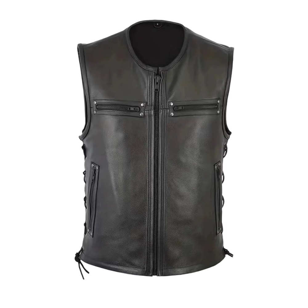 Mens Genuine Leather Biker Vest With Multi Pocket Design And Zipper Sleeveless Jacket 5