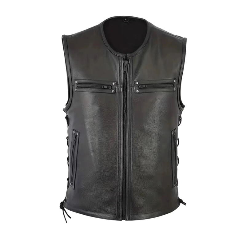 Mens Genuine Leather Biker Vest With Multi Pocket Design And Zipper Sleeveless Jacket 5