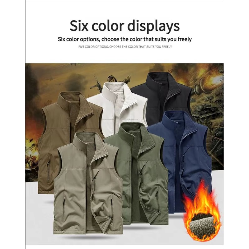 Mens Fleece Tactical Vest Warm Outdoor Hunting Fishing Vest Multi Pocket Military Waistcoat 1
