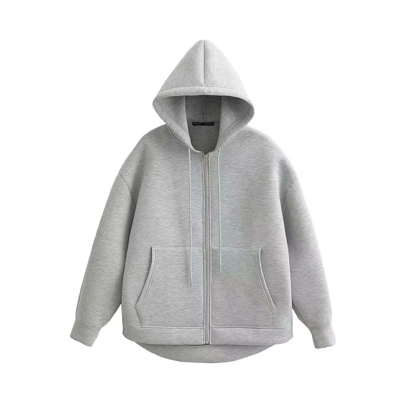 Womens Oversized Hooded Zip Jacket Casual Gray Big Pocket Outerwear Coat 0