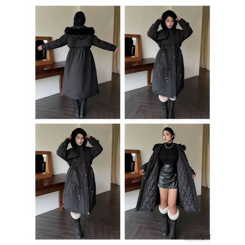Plus Size Hooded Furry Winter Cotton Jacket Windproof Thickened Plush Warm Coat 0
