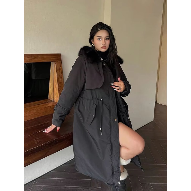 Plus Size Hooded Furry Winter Cotton Jacket Windproof Thickened Plush Warm Coat 3