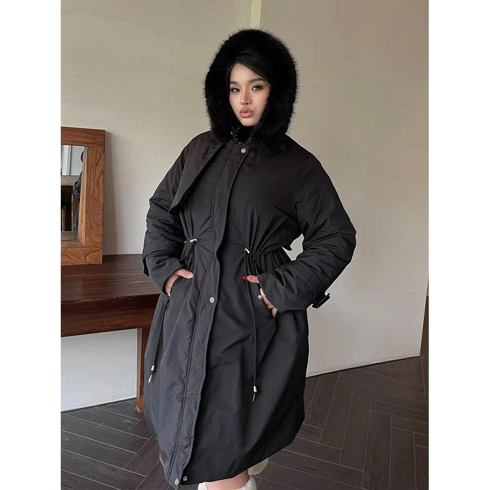Plus Size Hooded Furry Winter Cotton Jacket Windproof Thickened Plush Warm Coat 5