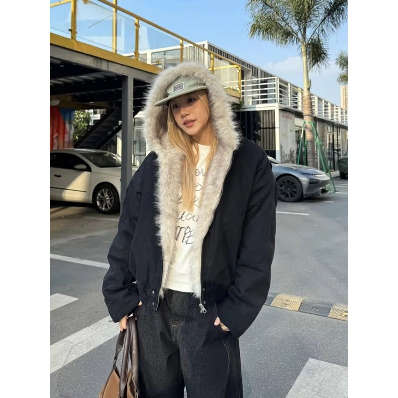 Womens Y2K Fur Collar Jacket Oversized Velvet Hooded Streetwear Coat 4