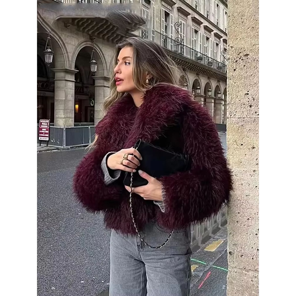 Elegant Faux Fur Coat Women Fluffy Winter Faux Fur Jacket Long Sleeve Lapel Fluffy Fur Coat 1