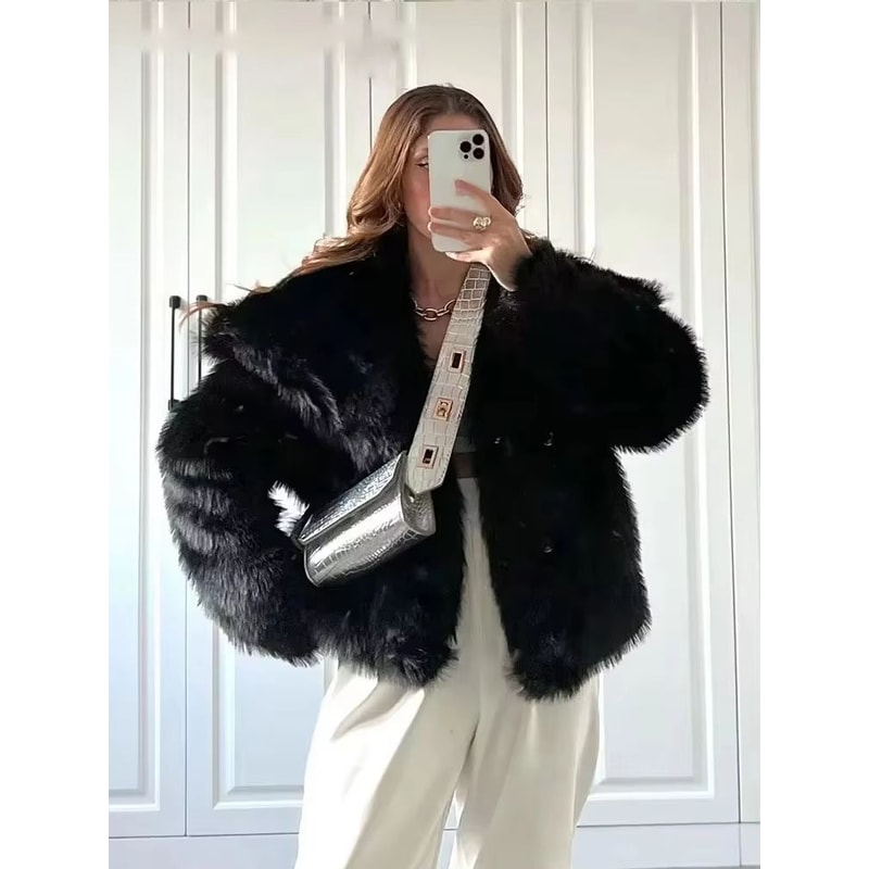 Elegant Faux Fur Coat Women Fluffy Winter Faux Fur Jacket Long Sleeve Lapel Fluffy Fur Coat 2