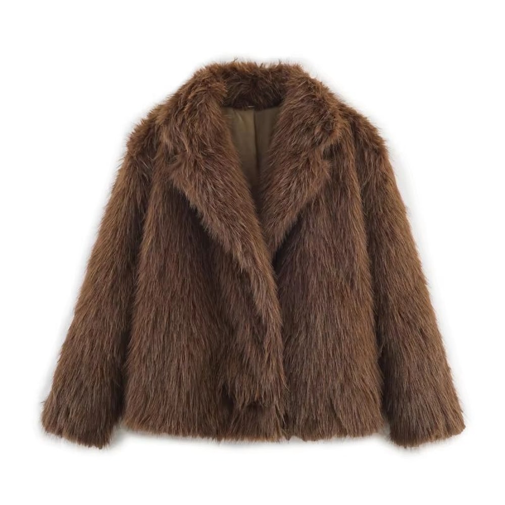 Elegant Faux Fur Coat Women Fluffy Winter Faux Fur Jacket Long Sleeve Lapel Fluffy Fur Coat 24