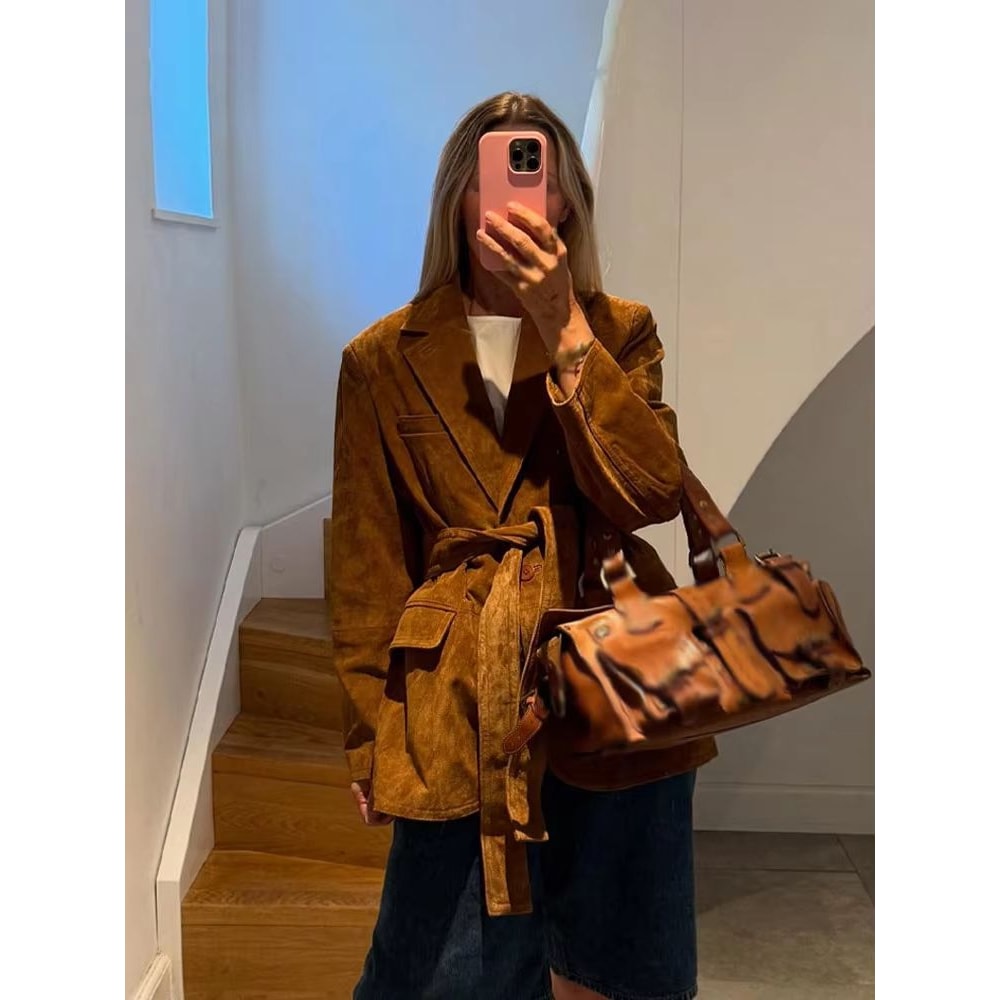 Elegant Women Casual Autumn Coat Lace Up Detail Turn Down Collar Jacket Long Sleeve Button Pocket J 0