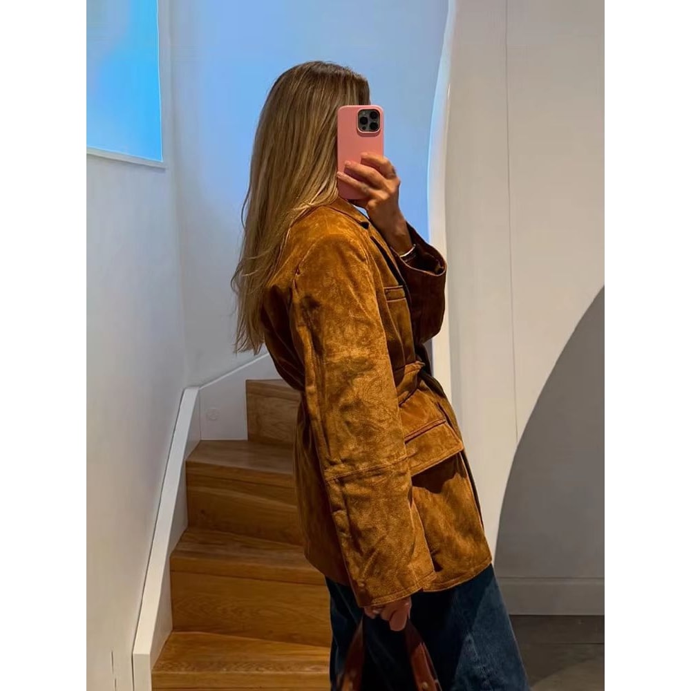 Elegant Women Casual Autumn Coat Lace Up Detail Turn Down Collar Jacket Long Sleeve Button Pocket J 1