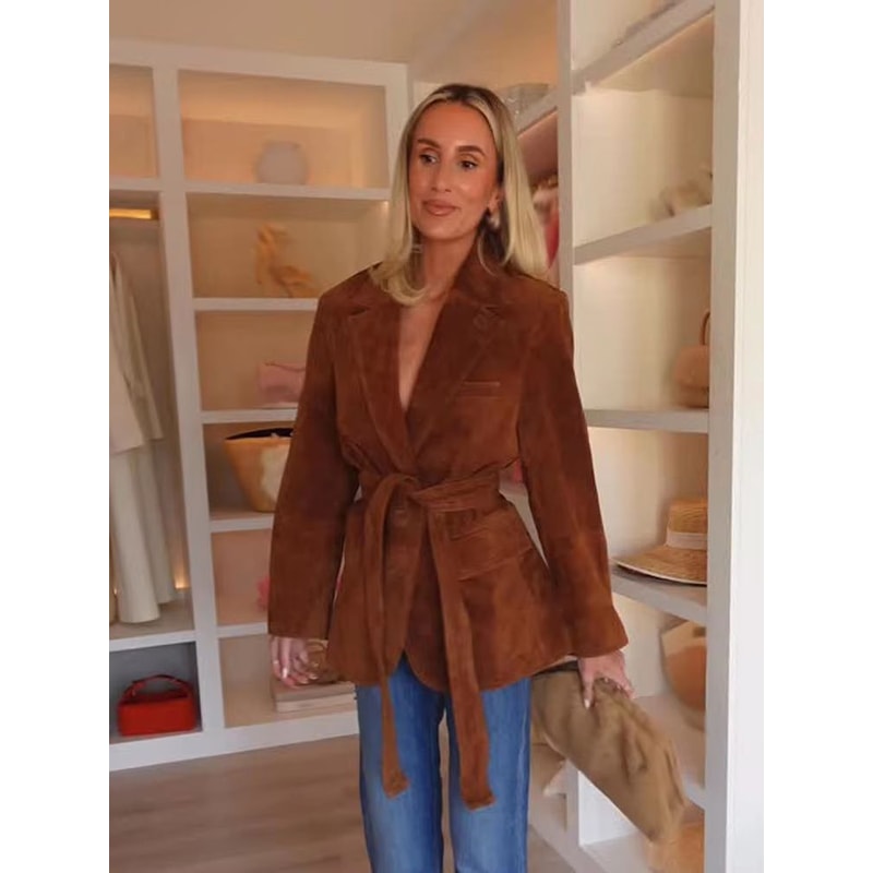 Elegant Women Casual Autumn Coat Lace Up Detail Turn Down Collar Jacket Long Sleeve Button Pocket J 2