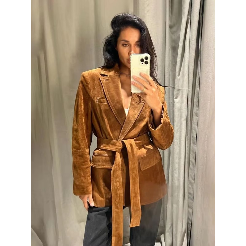 Elegant Women Casual Autumn Coat Lace Up Detail Turn Down Collar Jacket Long Sleeve Button Pocket J 3