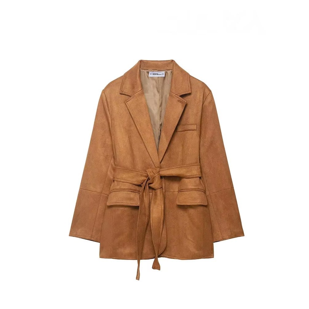 Elegant Women Casual Autumn Coat Lace Up Detail Turn Down Collar Jacket Long Sleeve Button Pocket J 5