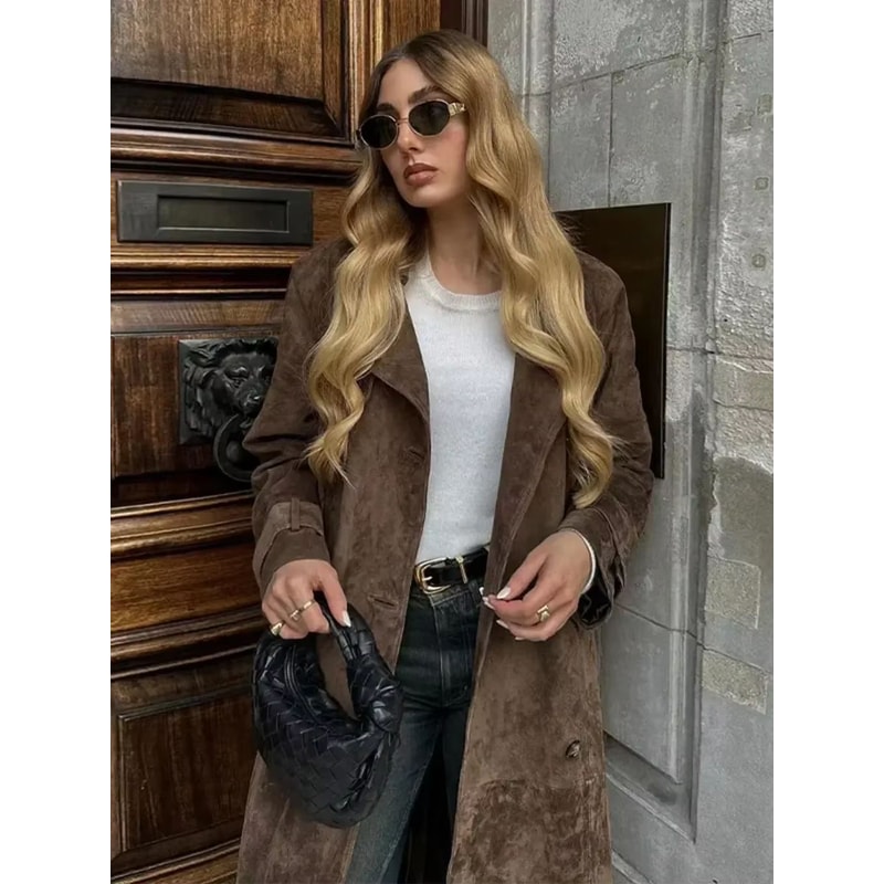 Chic Double Breasted Windbreaker Coat Faux Deer Fur Coat Women Elegant Lapel Autumn Coat 1