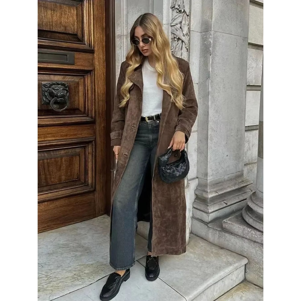 Chic Double Breasted Windbreaker Coat Faux Deer Fur Coat Women Elegant Lapel Autumn Coat 2