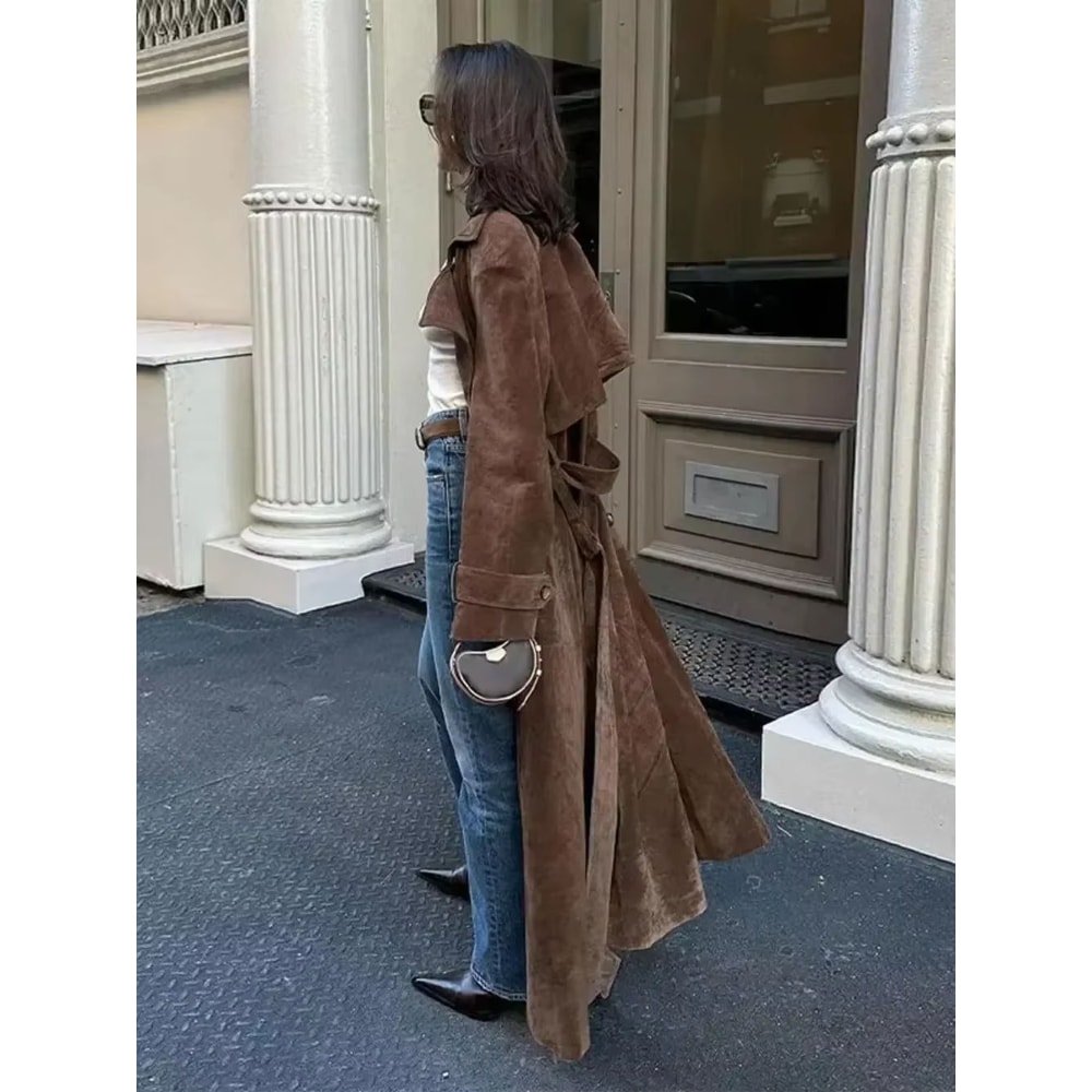 Chic Double Breasted Windbreaker Coat Faux Deer Fur Coat Women Elegant Lapel Autumn Coat 3