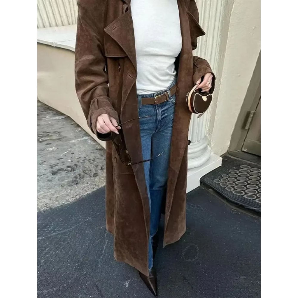 Chic Double Breasted Windbreaker Coat Faux Deer Fur Coat Women Elegant Lapel Autumn Coat 4