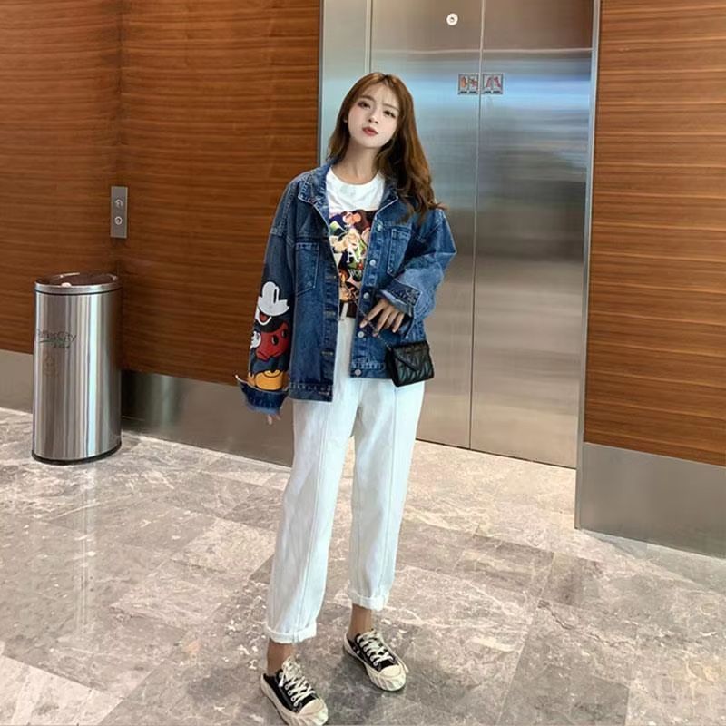 Korean Style Mickey Mouse Denim Jacket Loose Fit Printed Denim Jacket Women Casual Oversized Denim 2