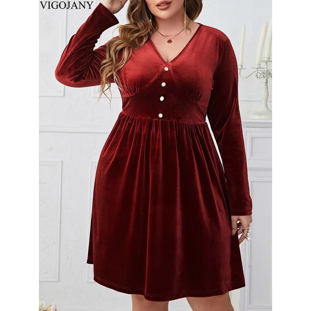 Vigojany Elegant Plus Size Velvet Dress Red V Neck Velvet Dress Long Sleeve Curvy Party Dress 0
