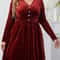 Vigojany Elegant Plus Size Velvet Dress Red V Neck Velvet Dress Long Sleeve Curvy Party Dress 1