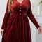 Vigojany Elegant Plus Size Velvet Dress Red V Neck Velvet Dress Long Sleeve Curvy Party Dress 1