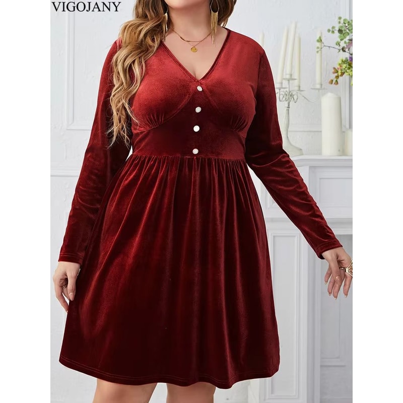 Vigojany Elegant Plus Size Velvet Dress Red V Neck Velvet Dress Long Sleeve Curvy Party Dress 1