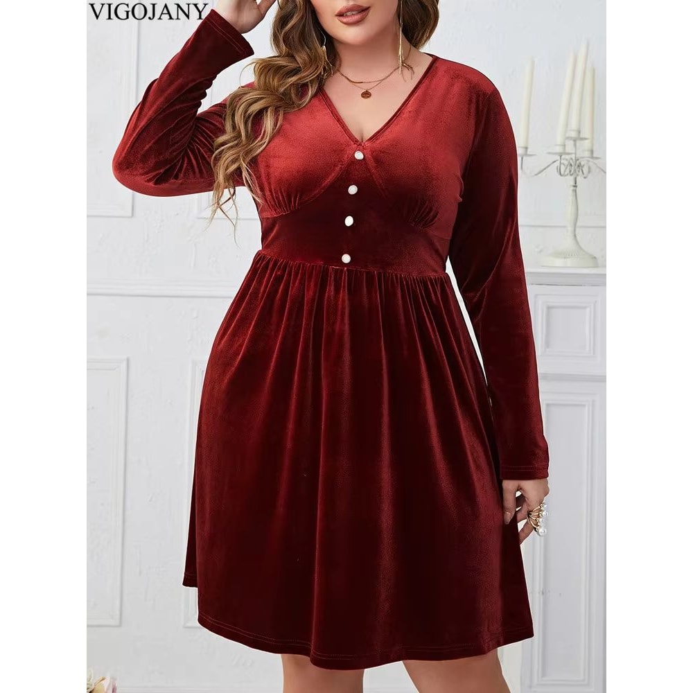 Vigojany Elegant Plus Size Velvet Dress Red V Neck Velvet Dress Long Sleeve Curvy Party Dress 2