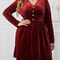 Vigojany Elegant Plus Size Velvet Dress Red V Neck Velvet Dress Long Sleeve Curvy Party Dress 3