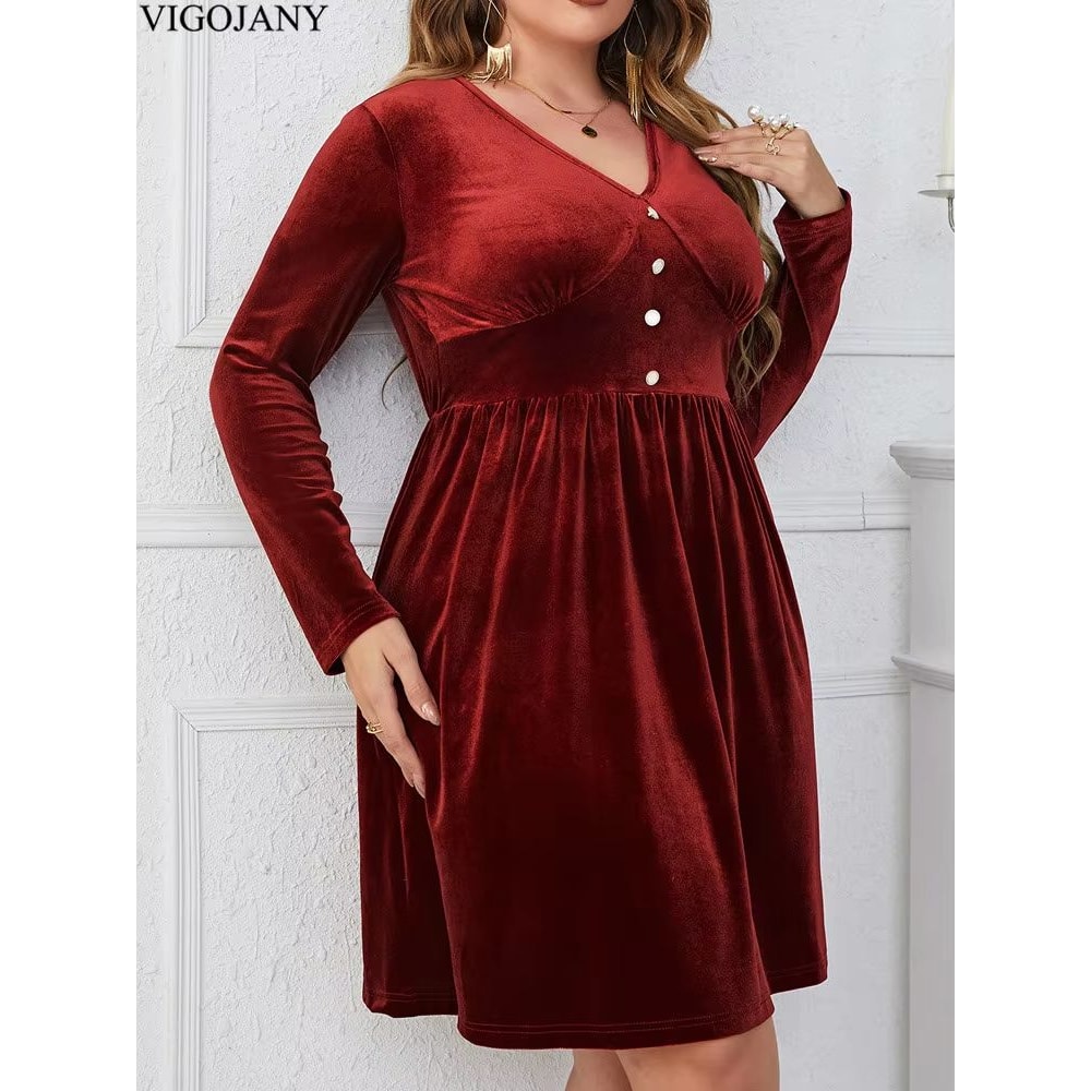 Vigojany Elegant Plus Size Velvet Dress Red V Neck Velvet Dress Long Sleeve Curvy Party Dress 4