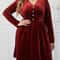 Vigojany Elegant Plus Size Velvet Dress Red V Neck Velvet Dress Long Sleeve Curvy Party Dress 6