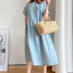 loose linen a line midi dress summer round neck linen dress high waist breathable summer dress