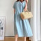 Loose Linen A Line Midi Dress Summer Round Neck Linen Dress High Waist Breathable Summer Dress 0