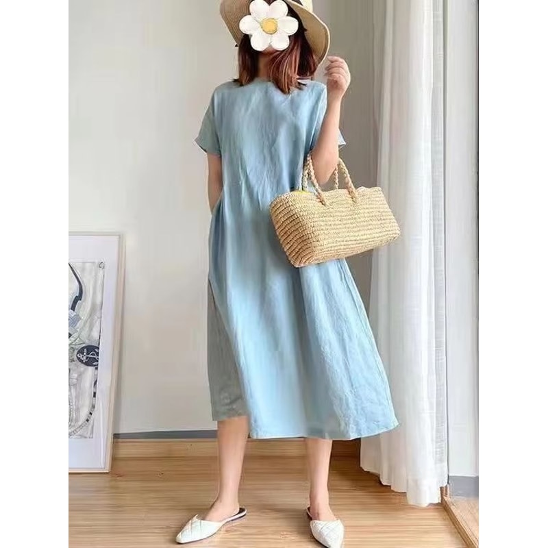 Loose Linen A Line Midi Dress Summer Round Neck Linen Dress High Waist Breathable Summer Dress 0