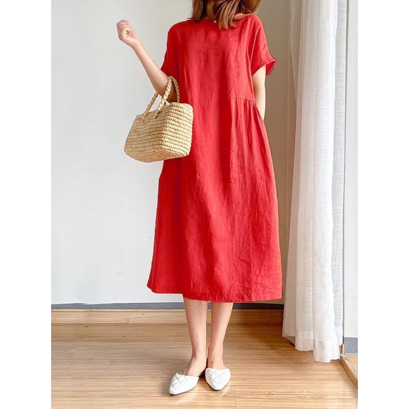 Loose Linen A Line Midi Dress Summer Round Neck Linen Dress High Waist Breathable Summer Dress 1