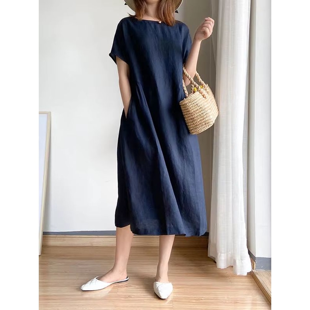 Loose Linen A Line Midi Dress Summer Round Neck Linen Dress High Waist Breathable Summer Dress 2