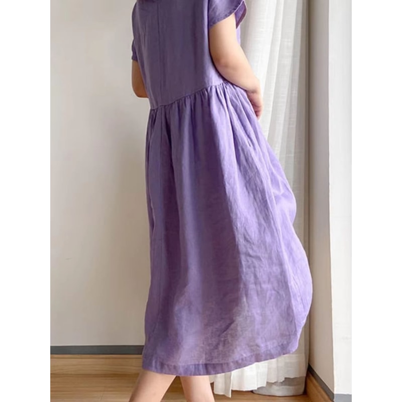 Loose Linen A Line Midi Dress Summer Round Neck Linen Dress High Waist Breathable Summer Dress 3