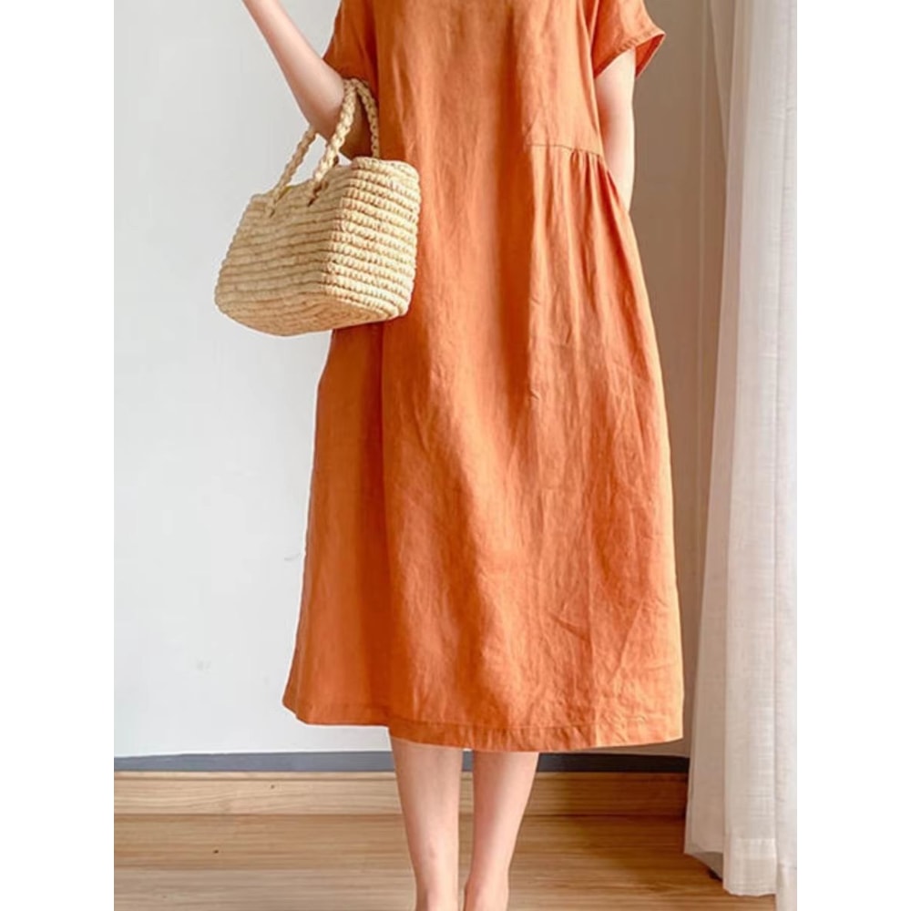 Loose Linen A Line Midi Dress Summer Round Neck Linen Dress High Waist Breathable Summer Dress 4