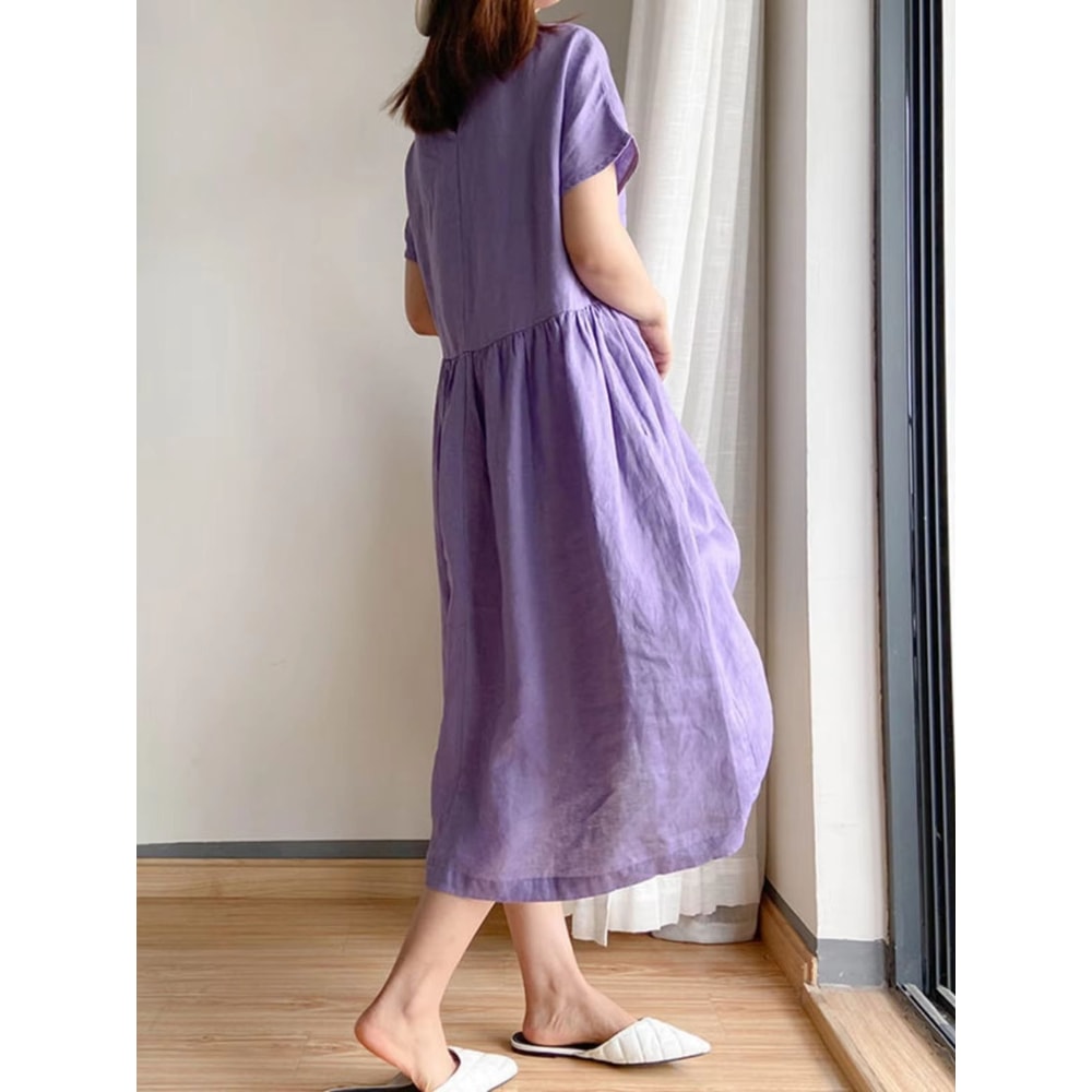 Loose Linen A Line Midi Dress Summer Round Neck Linen Dress High Waist Breathable Summer Dress 5
