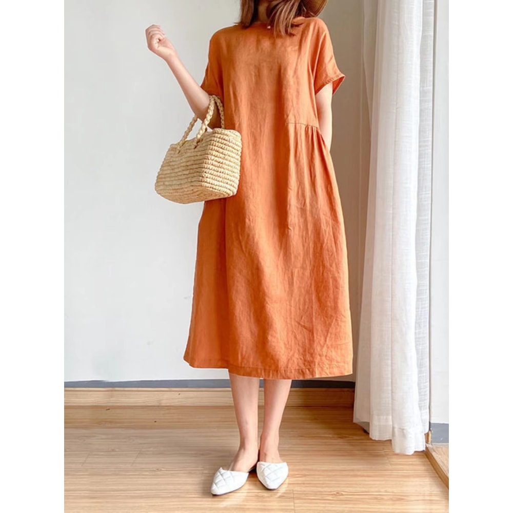 Loose Linen A Line Midi Dress Summer Round Neck Linen Dress High Waist Breathable Summer Dress 6