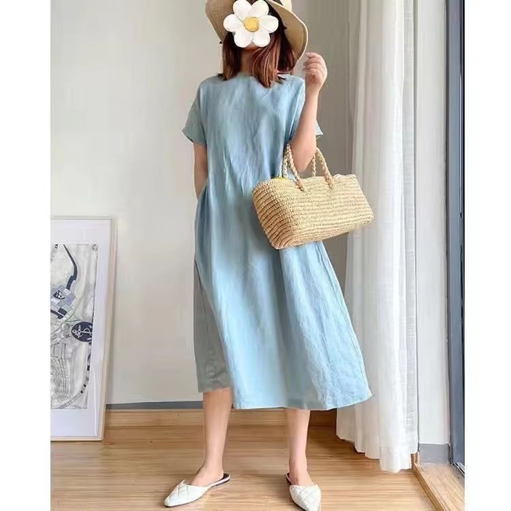Loose Linen A Line Midi Dress Summer Round Neck Linen Dress High Waist Breathable Summer Dress 7