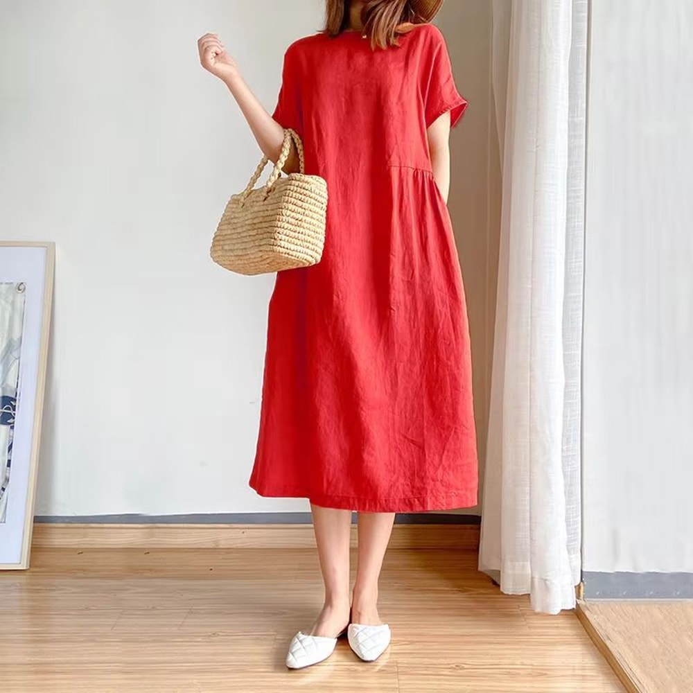 Loose Linen A Line Midi Dress Summer Round Neck Linen Dress High Waist Breathable Summer Dress 8
