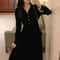 French Retro Velvet V Neck Dress Hepburn Style Black Velvet Dress Elegant Slim Long Velvet Dress 0
