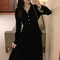 French Retro Velvet V Neck Dress Hepburn Style Black Velvet Dress Elegant Slim Long Velvet Dress 0