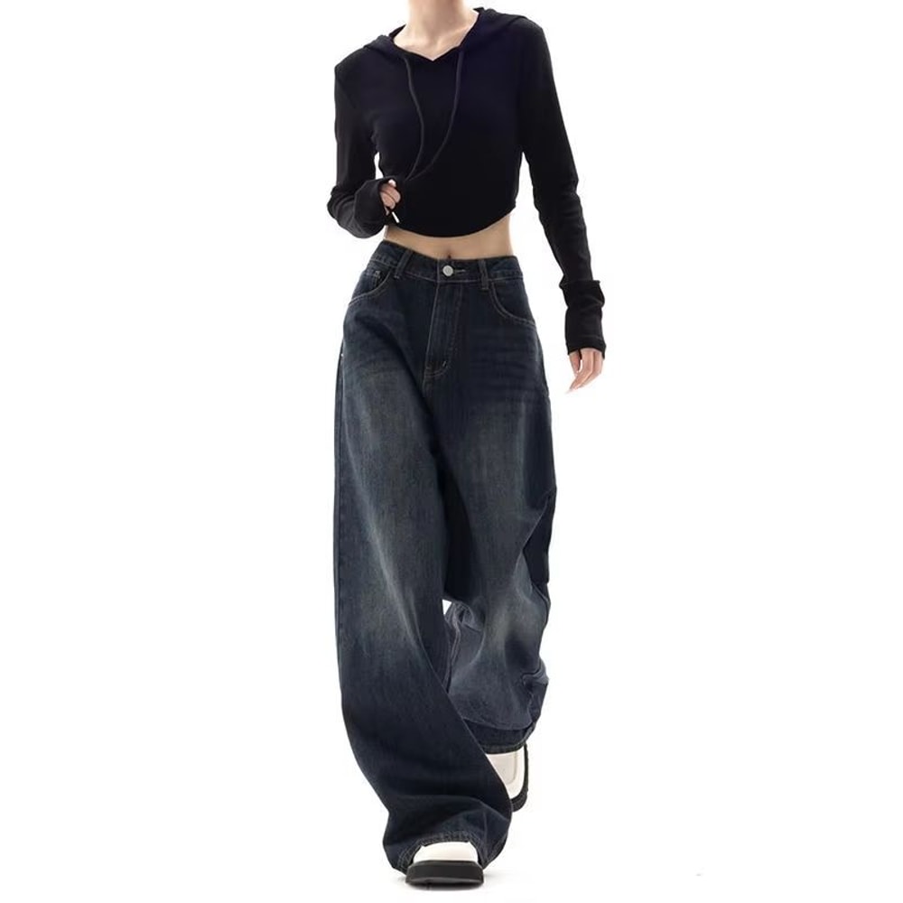 Retro Wide Leg High Waisted Jeans Vintage Loose Fit Streetwear Jeans Floor Length Wide Leg Denim Pa 0