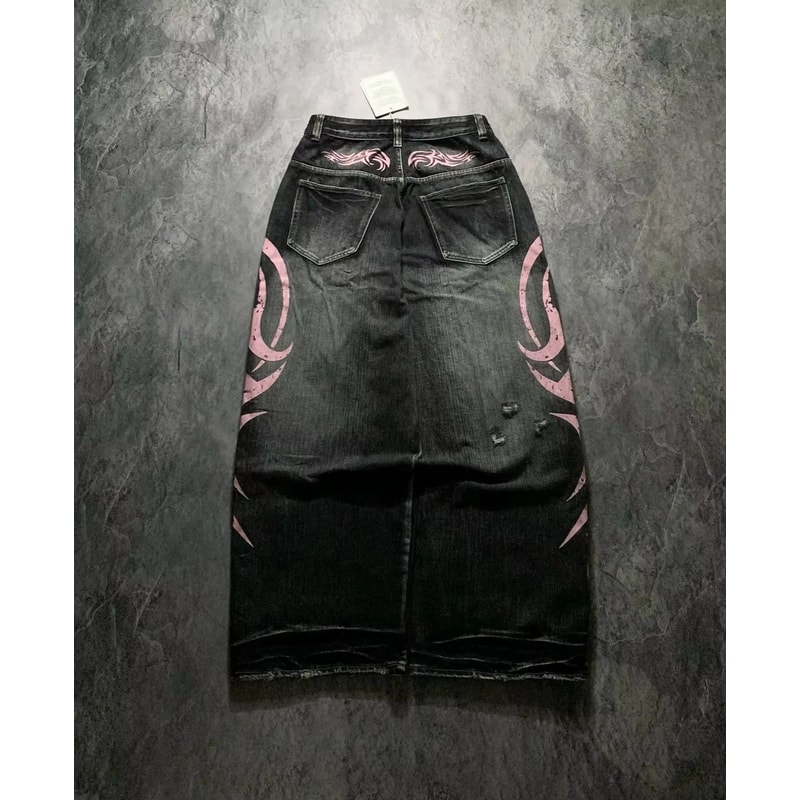 Vintage Y2K Totem Print Baggy Jeans High Waist Wide Leg Streetwear Jeans Retro Hip Hop Loose Denim 1