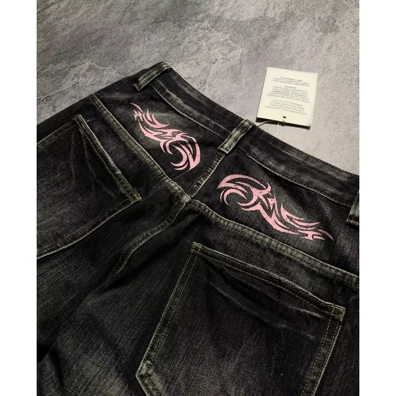 Vintage Y2K Totem Print Baggy Jeans High Waist Wide Leg Streetwear Jeans Retro Hip Hop Loose Denim 2